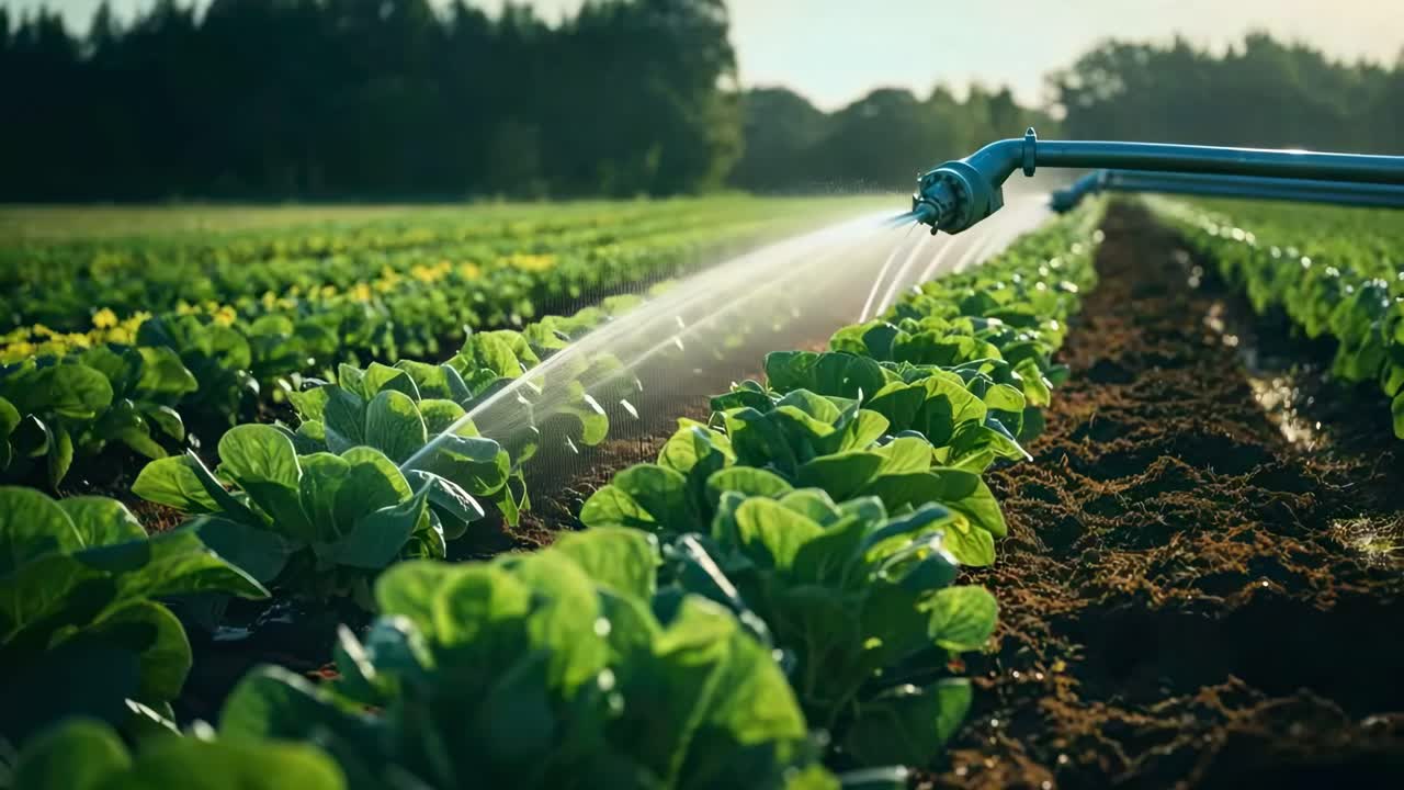 Aerial video of a lush vegetable field being irrigated, showcasing vibrant greens and precise rows