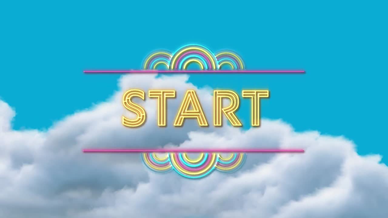Animation of start text over sky with clouds