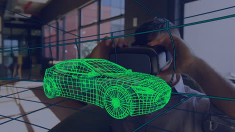 animación de dibujo 3d digital de un coche sobre un hombre usando auriculares vr