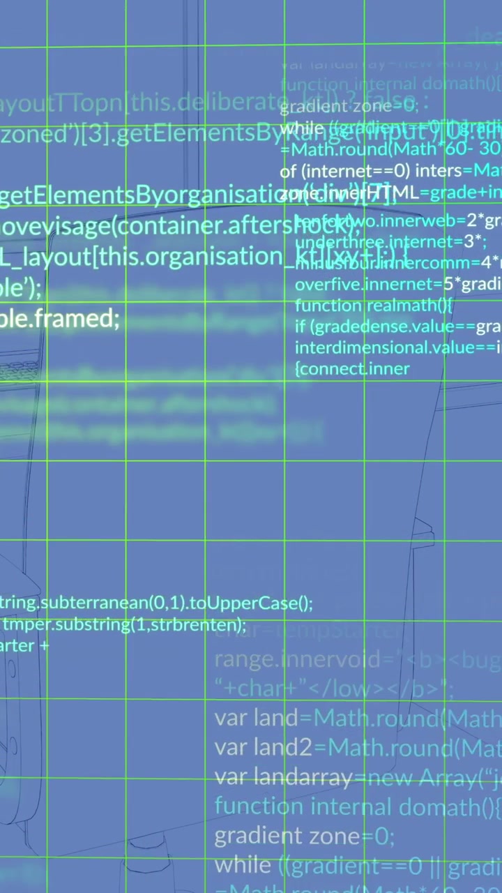 Animation of data processing over grid network against office desk sketch on blue background