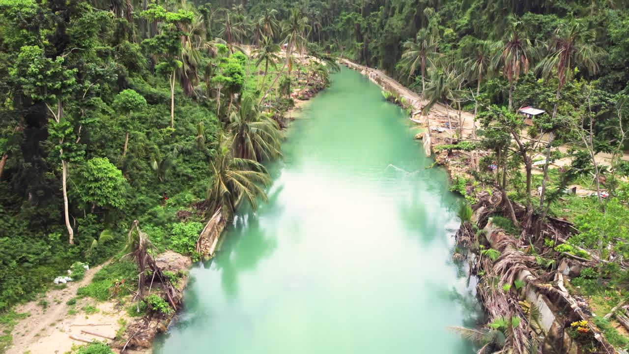 Cinematic revealing drone shot of a green river in the forests of Cebu Philippines, Asia