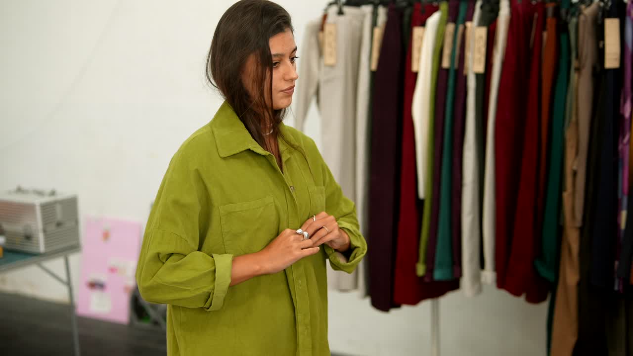 Woman in green shirt standing near clothing rack