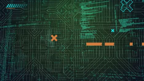 Animation of shapes and computer circuit board over data processing