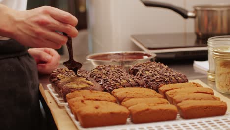 fresh bake double chocolate banana artesian bread in bakery shop close-up. artisan bread is making by skill bakers using natural and high-quality ingredients. food with health and flavour benefits. sweet breads for dessert and breakfast