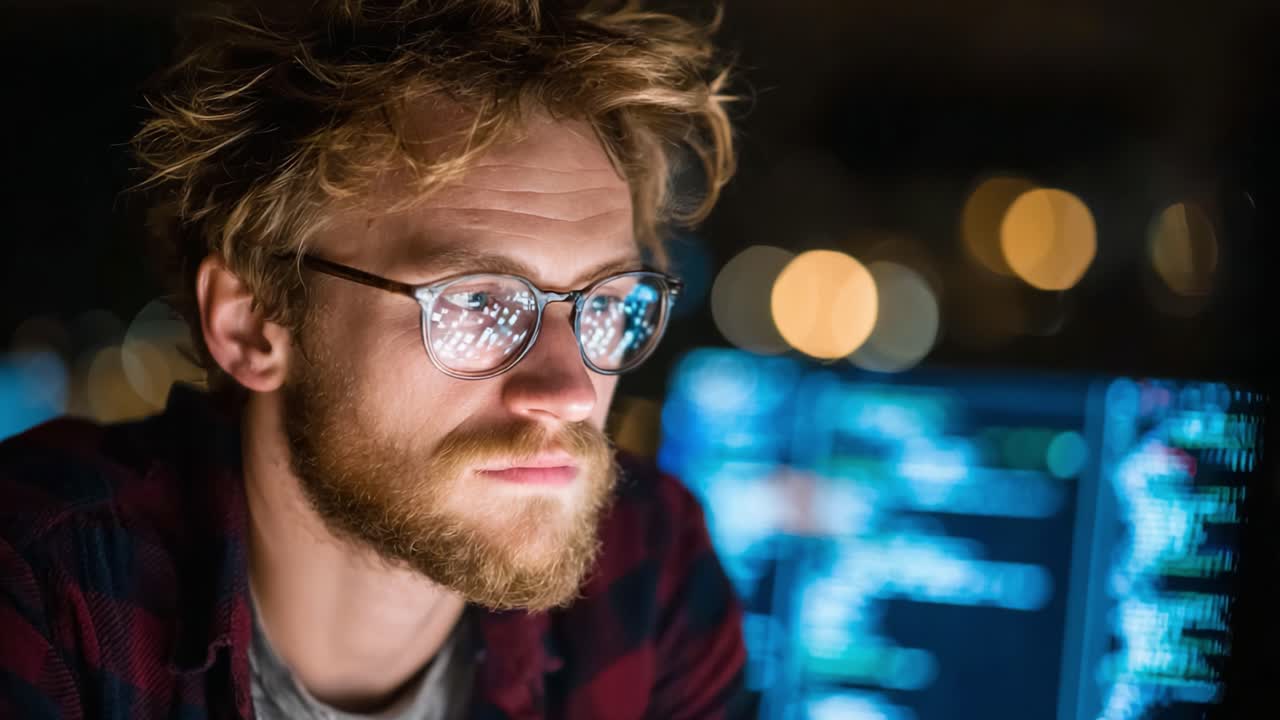 Focused Programmer Analyzing Code in a Dimly Lit Environment, Highlighted by the Glow of Computer Screens and Ambient Lights in a Tech-Driven Workspace