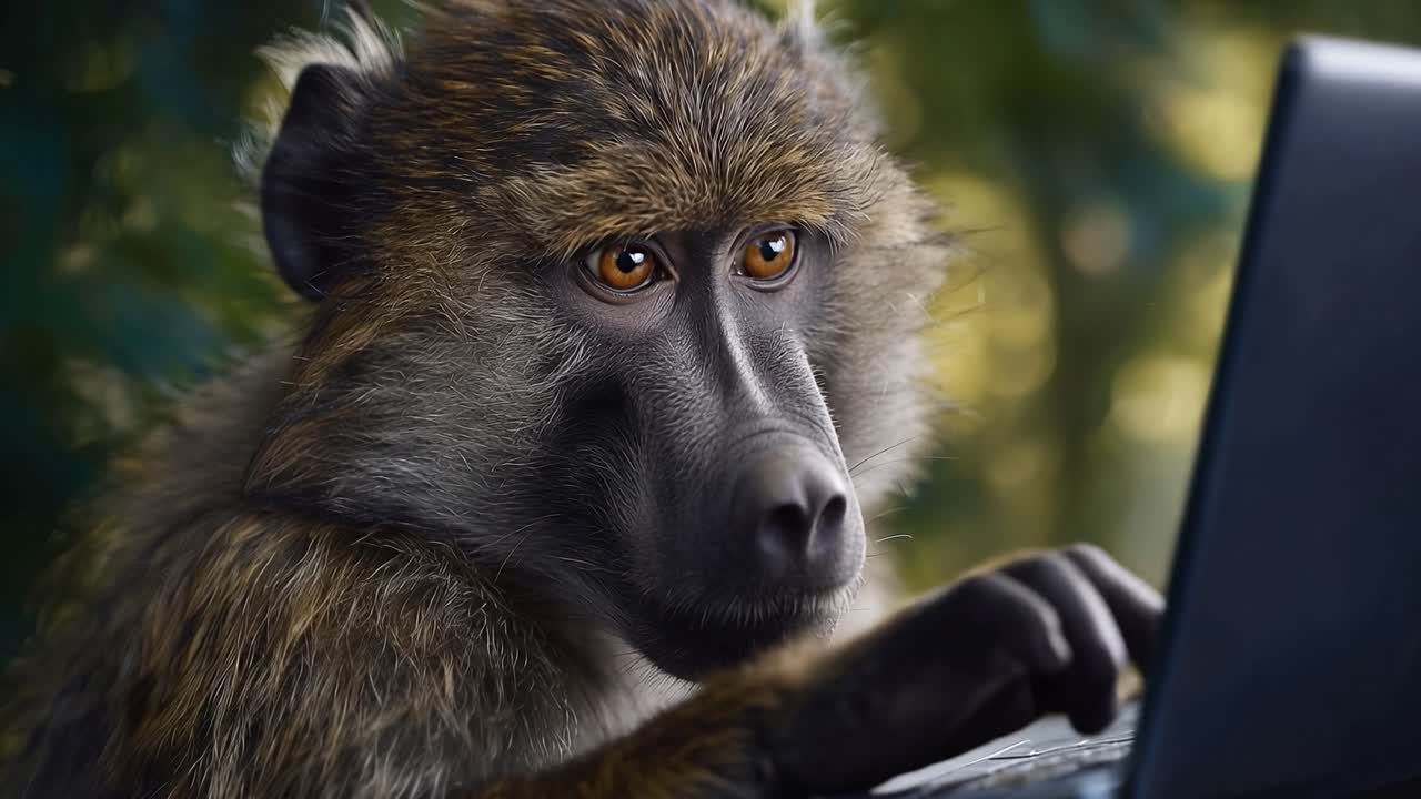 Un babbuino siede calmo, osservando lo schermo di un laptop. Le sue dita riposano delicatamente sulla tastiera. Si concentra intensamente sul display. La luce naturale filtra attraverso la vegetazione circostante.