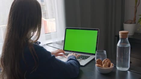 Young-female-working-on-laptop-with-green-screen,-water-and-cookies-on-table