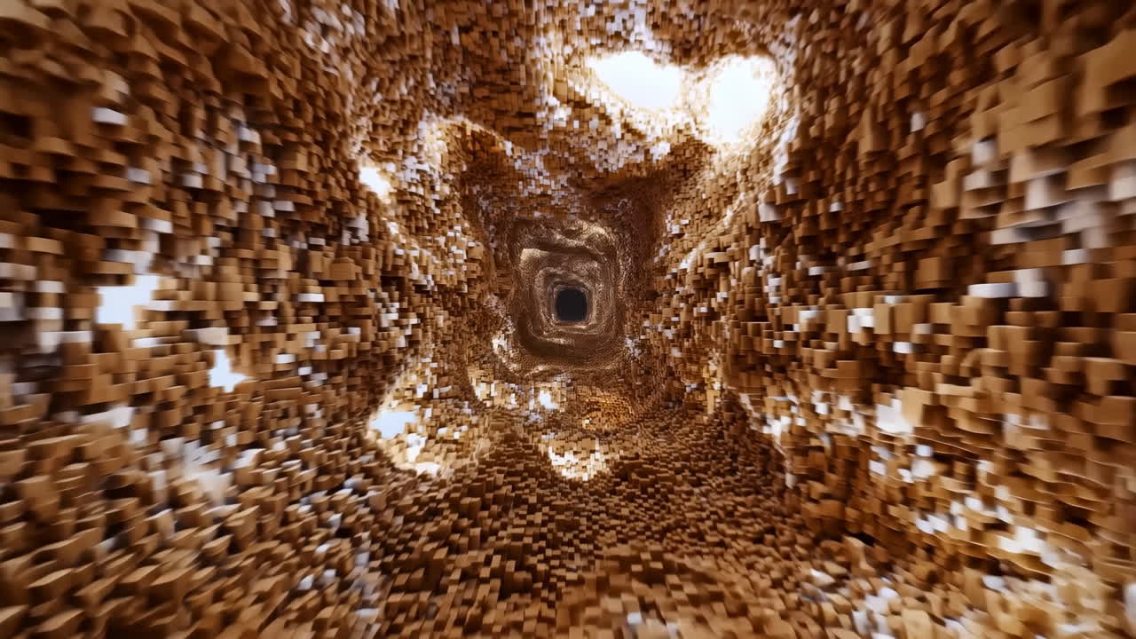 Hnědý voxelový tunel spirálovitě směřující ke středu, vířící tisíce malých kostek tvořících hypnotický vír.