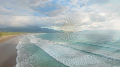 Animation-Der-Flagge-Argentiniens,-Die-über-Der-Strandlandschaft-Weht