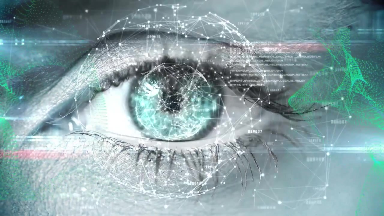 Animazione di punti che formano un globo, linguaggio informatico e un motivo astratto sull'occhio umano.