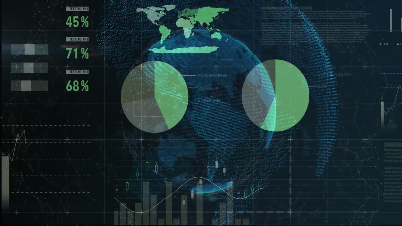 Animation of digital globe with data charts and world map overlaying graphics
