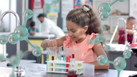 conducting science experiment, girl in classroom with molecule animation over scene