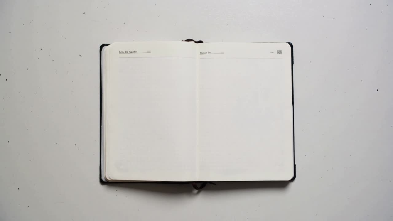 Kamera trekker seg tilbake for å vise en åpen notatbok med blanke sider på et spraglete bord for design.