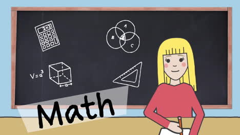 animation of school items drawings and math text with schoolgirl icon on black board