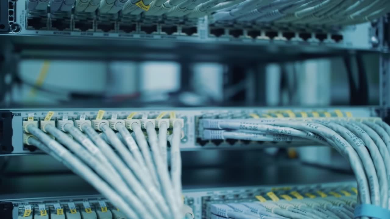 Cables are organized and connected in a server rack located in a data center. The environment is high-tech with multiple servers running important processes.