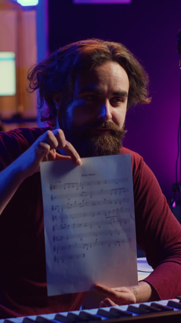 Musician Playing Acoustic Guitar and Showing Sheet Music