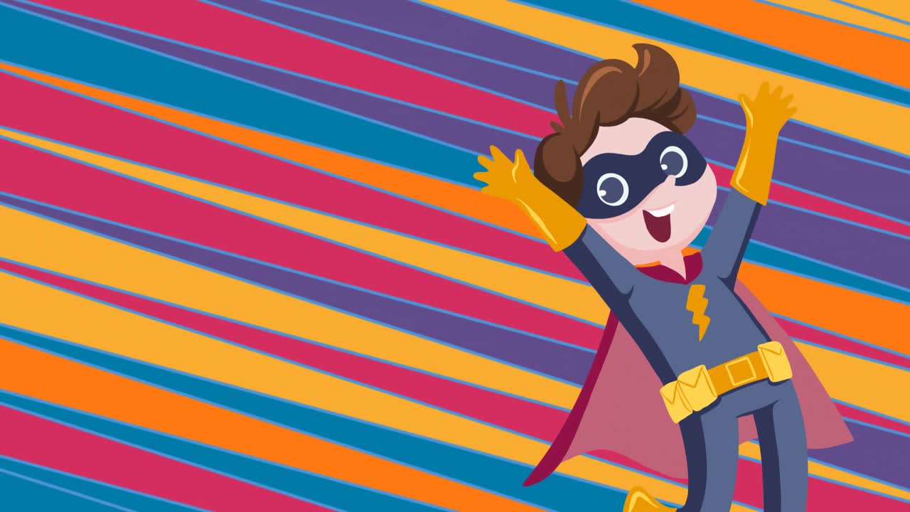 슈퍼히어로가 다채로운 대각선 줄무 ⁇  위를 날아다니는 레트로 음성 거품의 애니메이션