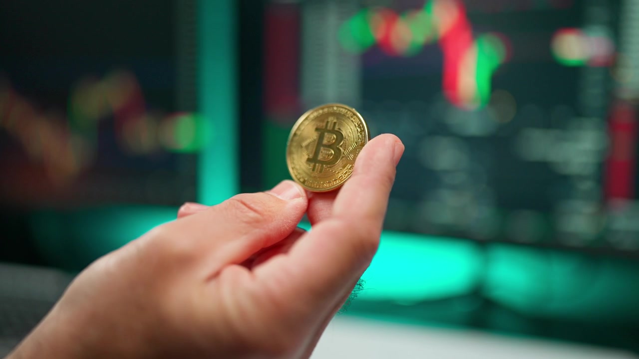 Mão segurando moeda Bitcoin dourada em frente a gráfico de criptomoedas