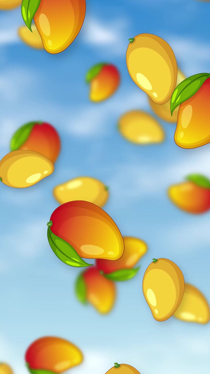 Mango stilizzati cadono continuamente attraverso un cielo azzurro brillante con nuvole bianche e soffici.