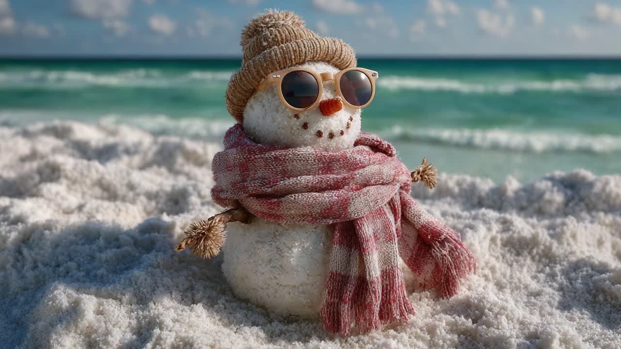 A Cheerful Snowman Enjoying a Sunny Beach Day with Sunglasses and a Cozy Scarf Amidst Soft White Sand and Calm Turquoise Waves