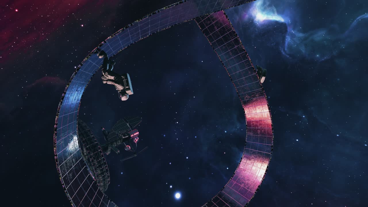 Trippy sci-fi 3D animation of the astronauts running endlessly on a Mobius strip