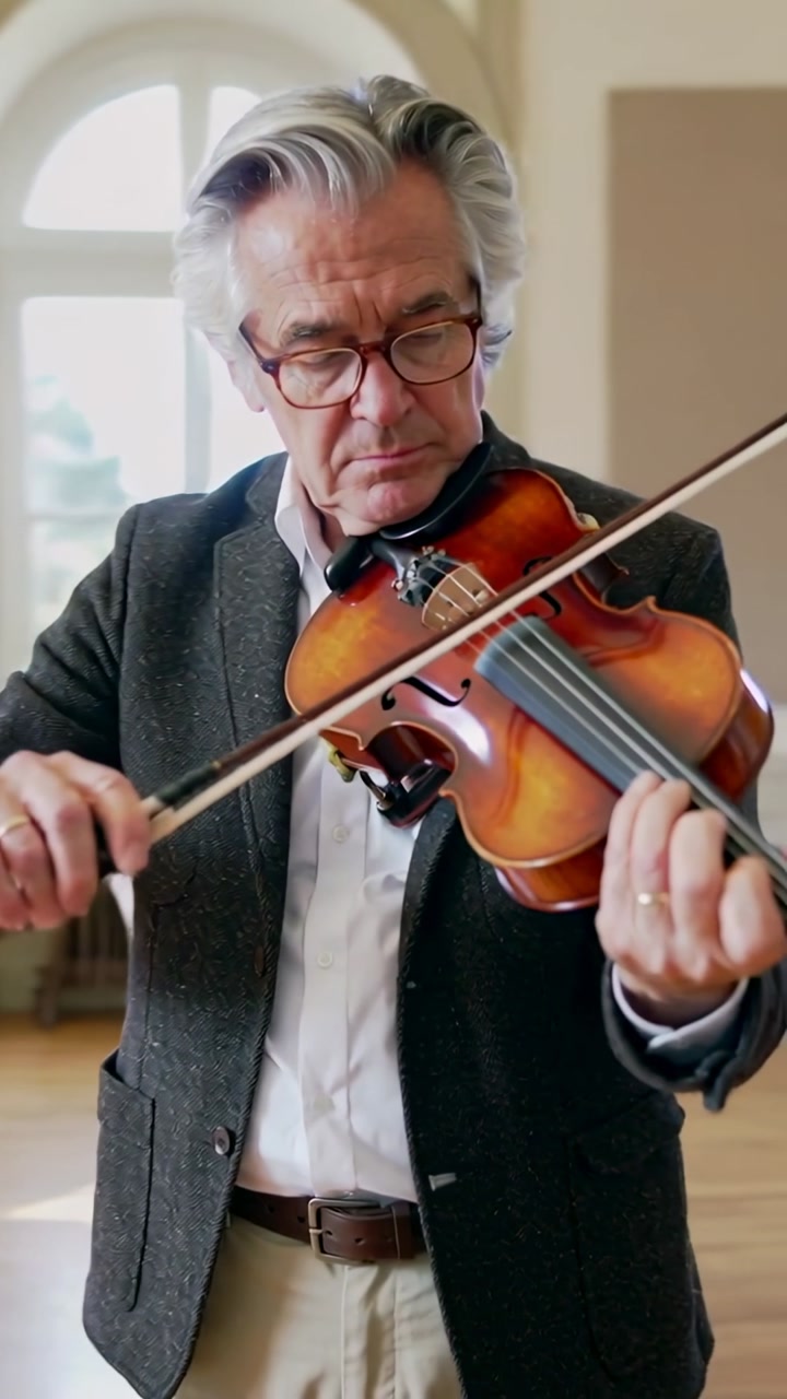 Vertical video: Raising violin senior violinist in tweed bowing and shifting fingers in rehearsal