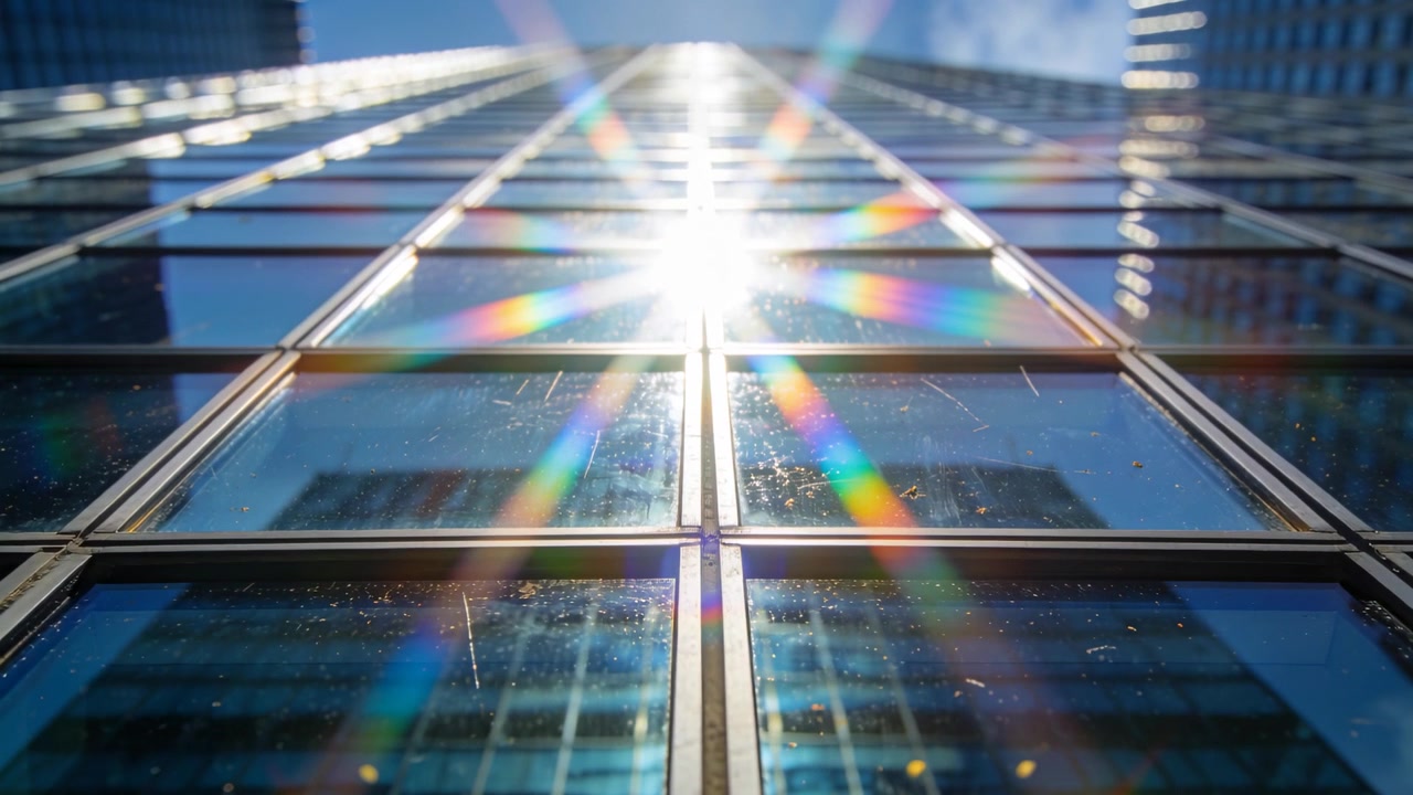 Camera panning up glass facade downtown with sun angle shifting, capturing rainbow diffraction
