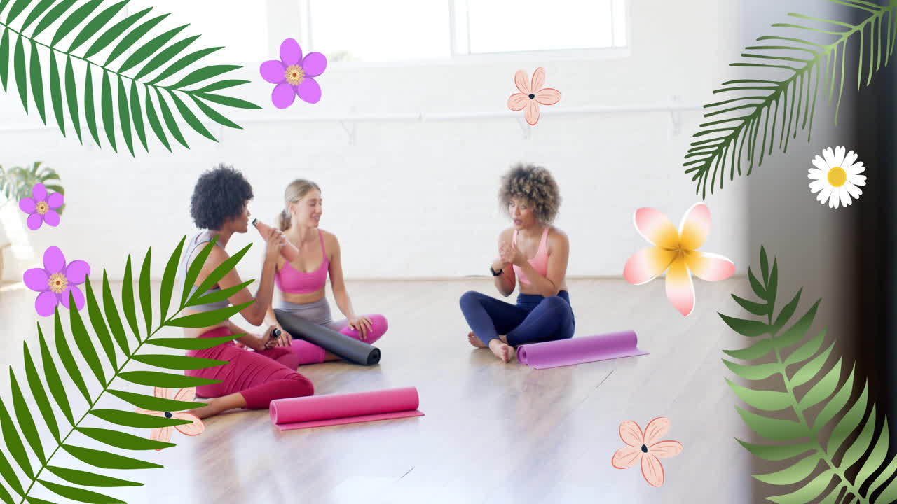 Sitting on yoga mats, women talking, surrounded by tropical flowers and leaves animation