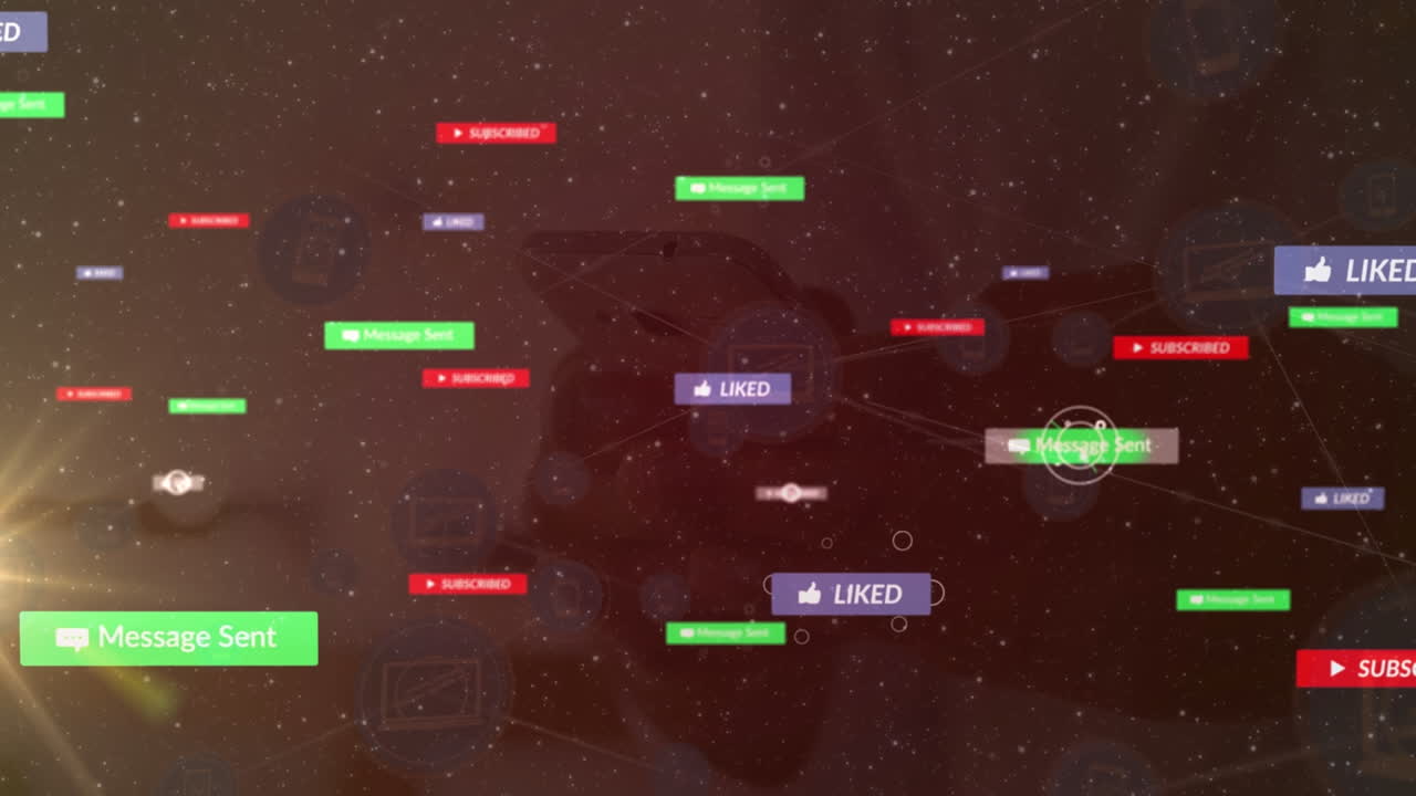 Animation of network of connections with media icons over caucasian man using smartphone