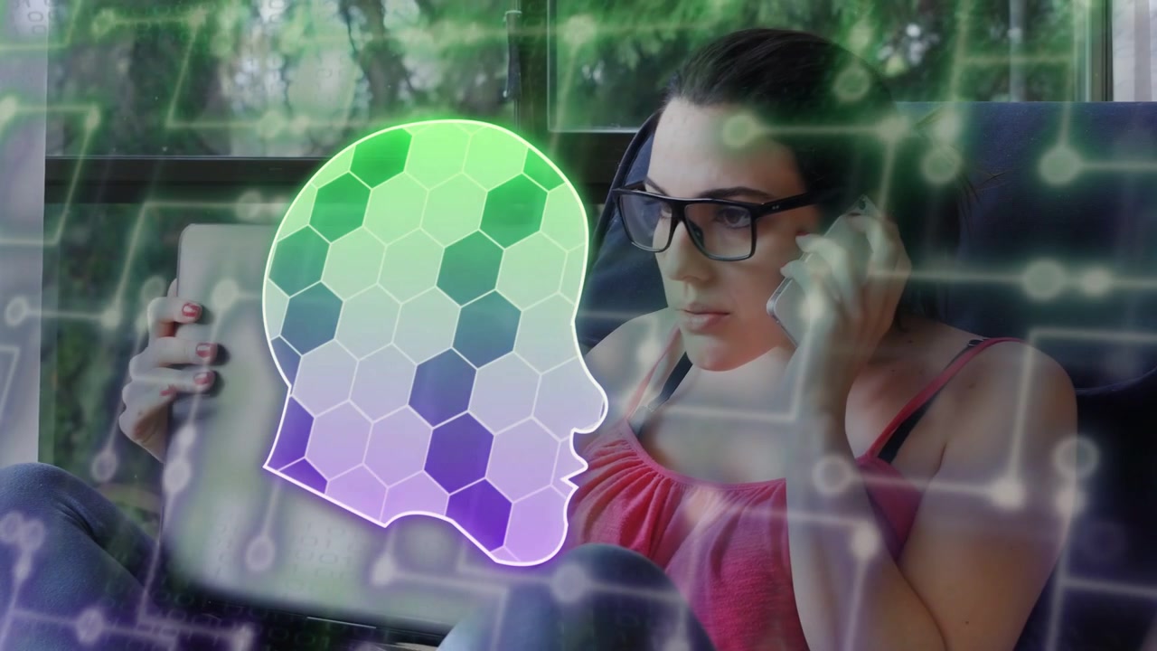 Woman taking call and fixing glasses, leaning over laptop while translucent overlay aiding workflow