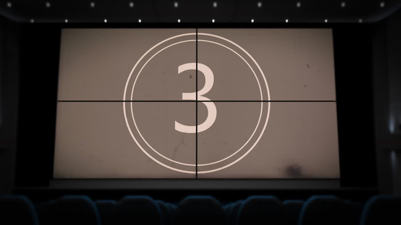 Conto alla rovescia sullo schermo del cinema nella sala cinematografica.