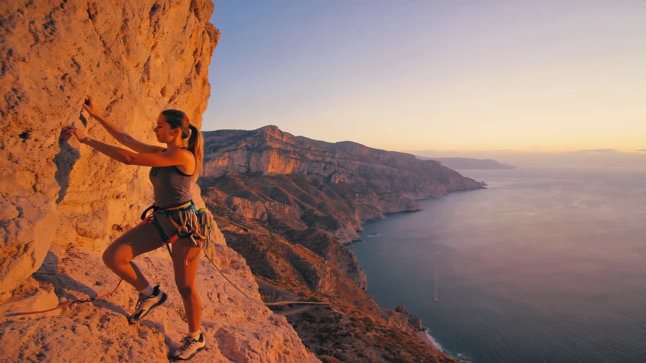 Woman Rock Climbing on a Cliff by the Sea at Sunset