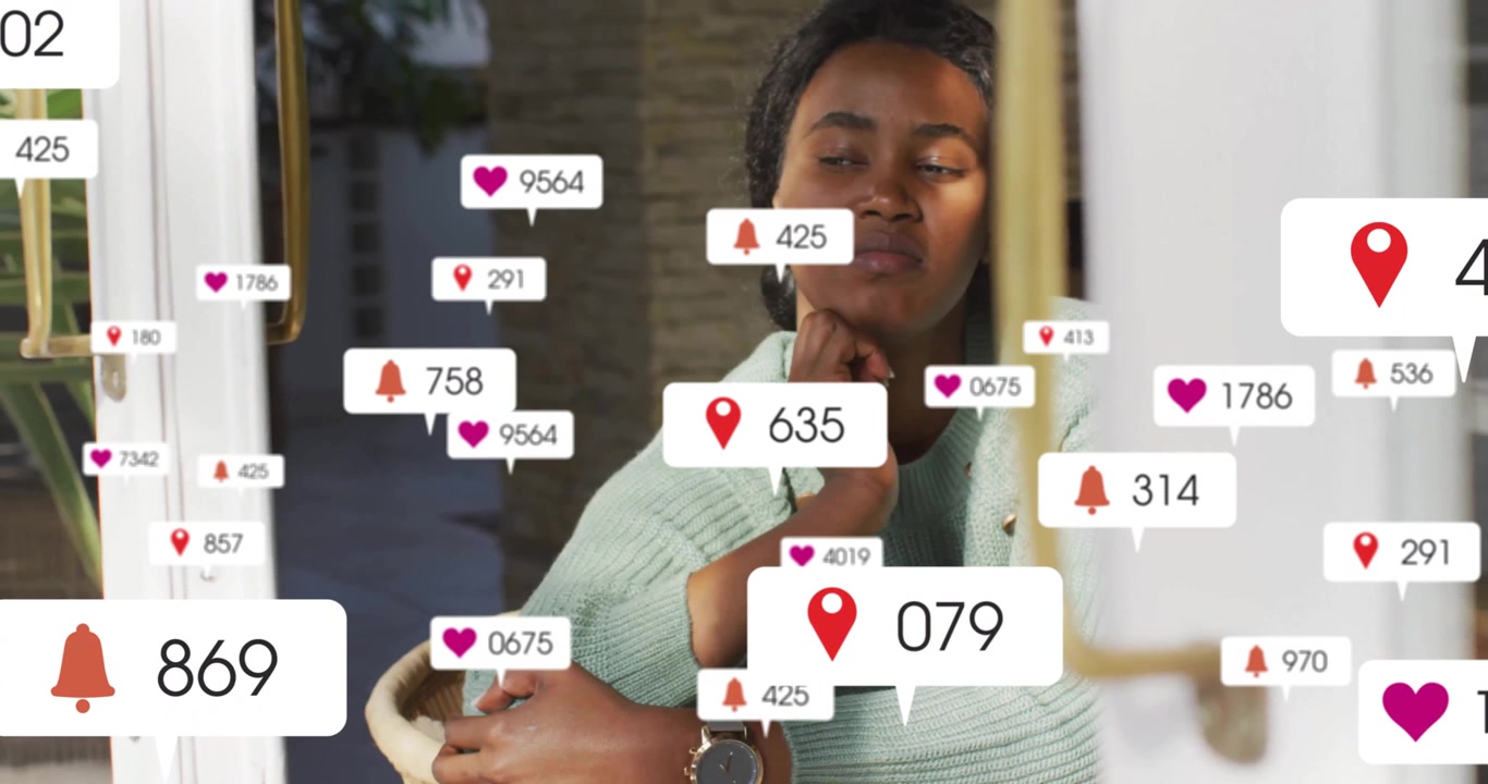 Animation of icon, changing numbers in notification bars, thoughtful african american woman