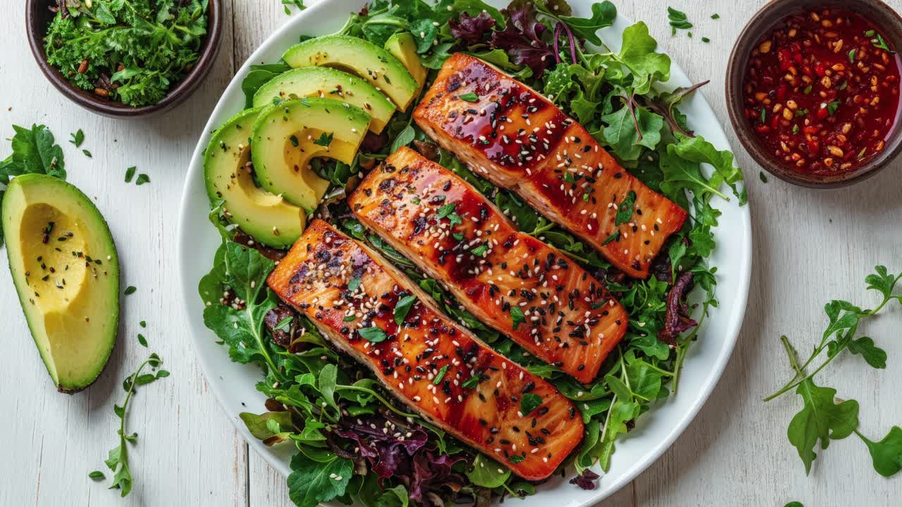 ensalada de salmón teriyaki con aguacate