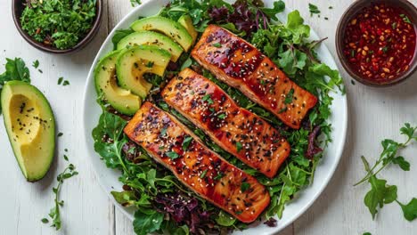 teriyaki salmon salad with avocado