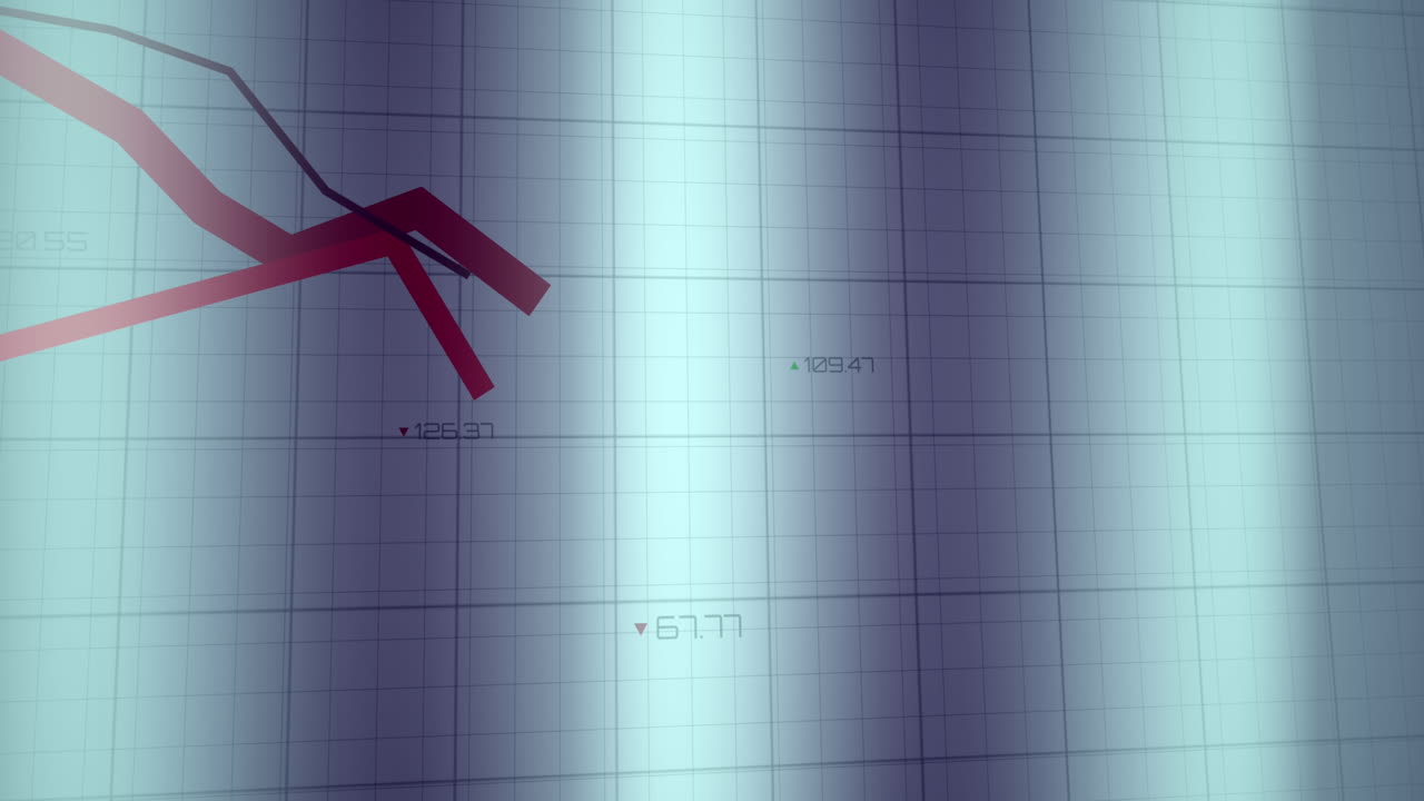 Animation of red lines and financial data processing over grid