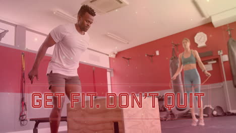 animation of get fit don''t quit text over diverse man and woman exercising in gym