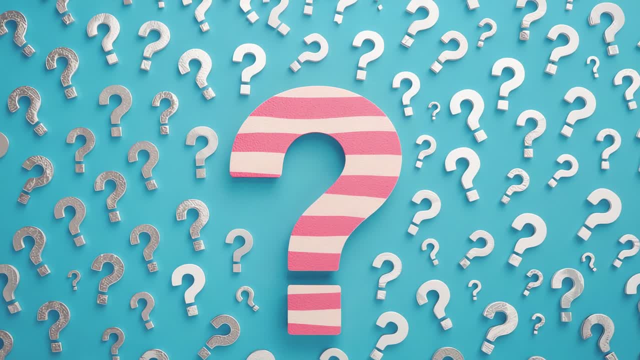Pink-striped question mark remaining on turquoise field with silver question marks evoking intrigue