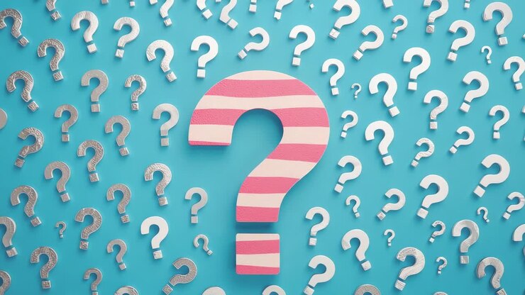 Pink-striped question mark remaining on turquoise field with silver question marks evoking intrigue
