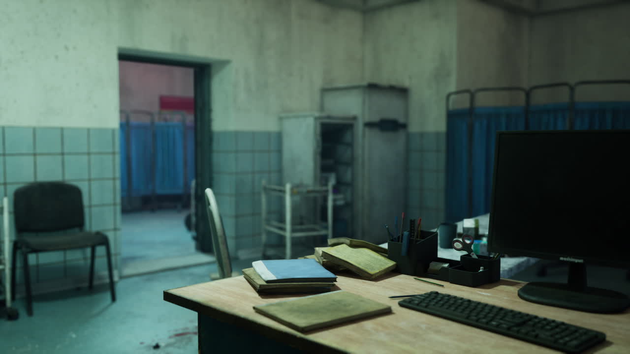 Escritório de hospital abandonado com móveis tombados e desordem