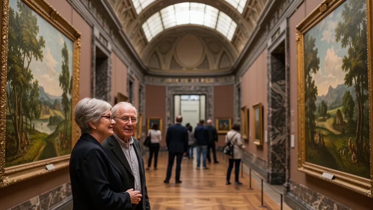 A Memorable Visit to an Art Gallery: Two Individuals Enjoying Their Time Surrounded by Beautiful Paintings in a Well-Lit Exhibition Hall