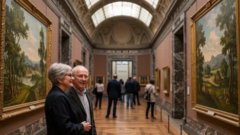 a memorable visit to an art gallery: two individuals enjoying their time surrounded by beautiful paintings in a well-lit exhibition hall