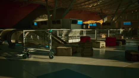 abandoned airport interior with scattered luggage and empty check in counters