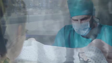 Animation-of-timelapse-with-walking-people-over-team-of-surgeons-during-operation