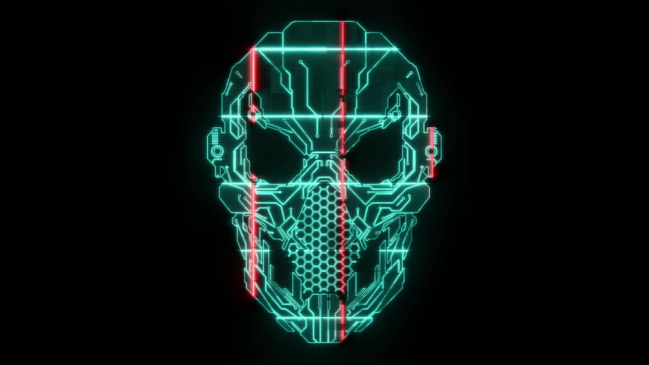 Arte Grafica Cyberpunk con Teschio Digitale Luminoso e HUD al Neon
