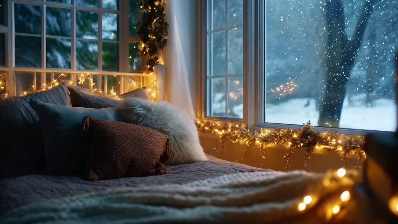 A Cozy Winter Retreat: A Warm and Inviting Bedroom Scene Adorned with Soft Textiles, Twinkling Lights, and a Serene View of Snowfall Through Large Windows Creating a Peaceful Ambiance
