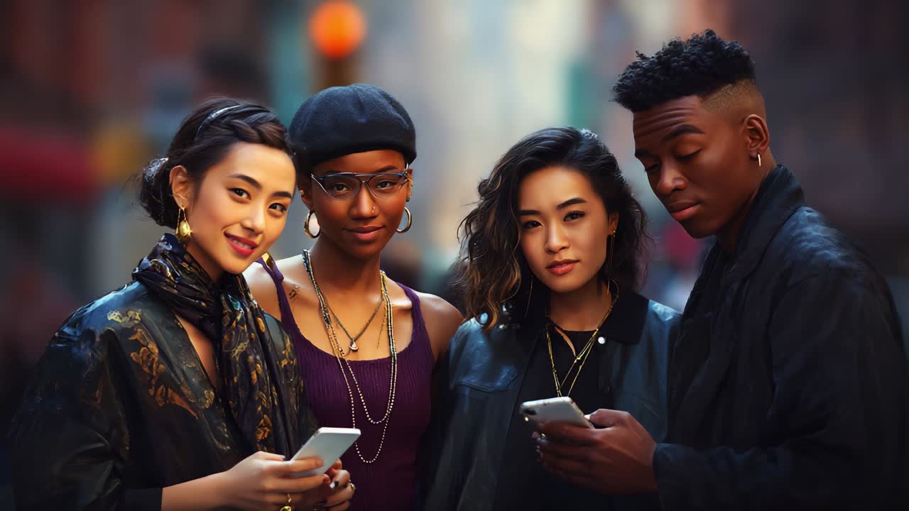 A Group of Stylish Friends Engaged in Their Phones While Enjoying a Vibrant Urban Street Atmosphere, Showcasing Modern Fashion and Connection in a Dynamic City Environment