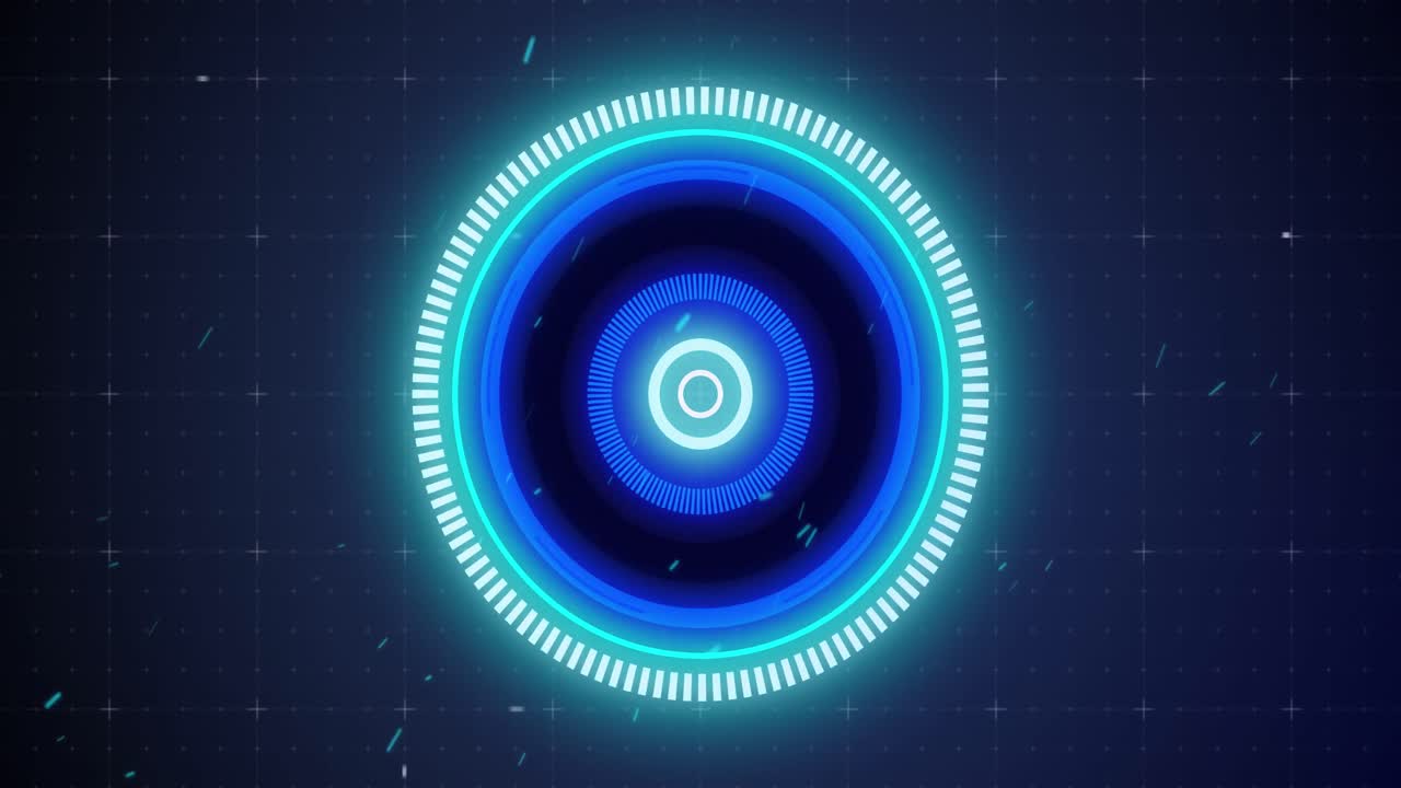 Animation of glowing blue scope scanning and spinning with glitch on grid background