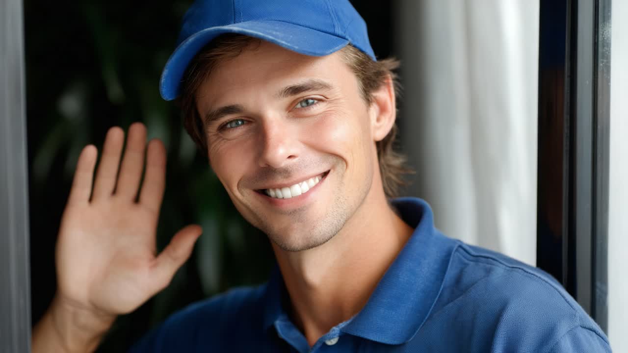 Friendly Delivery Person Smiling and Waving from a Window, Showcasing a Warm Greeting and Professionalism in a Casual Setting