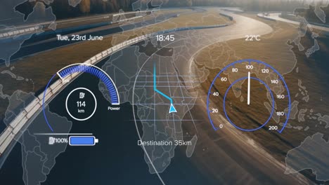 animation of electric car data processing over road and landscape